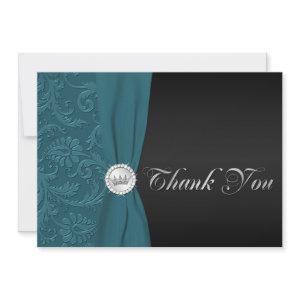 Teal and Black Damask Quinceanera Thank You Card