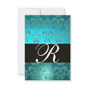 TEAL AQUA BLUE BLACK DAMASK MONOGRAM RSVP