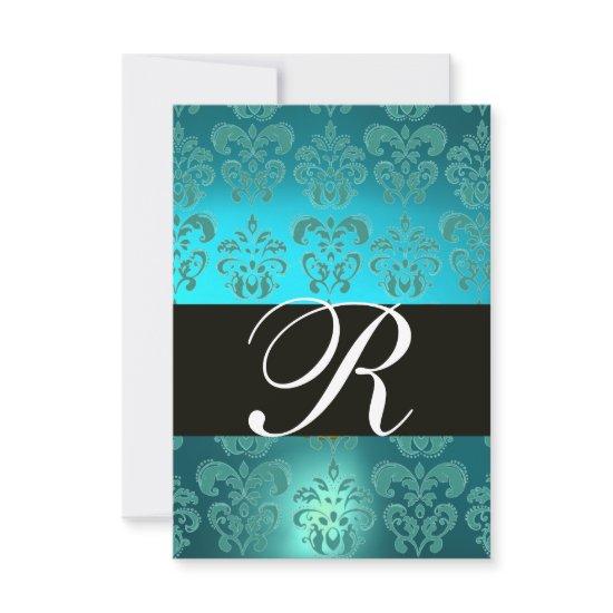TEAL AQUA BLUE BLACK DAMASK MONOGRAM RSVP
