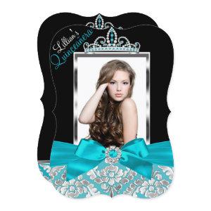 Teal Black Damask & Tiara Photo Quinceanera Invite