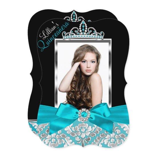 Teal Black Damask & Tiara Photo Quinceanera Invite