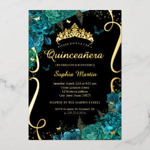Teal Black Floral Butterfly Elegant Quinceanera  Foil