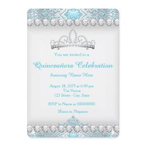 Teal Blue and Silver Diamond Princess Quinceanera