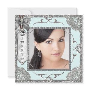 Teal Blue and Silver Photo Sweet 16 Birthday Party