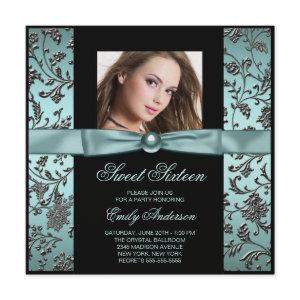 Teal Blue Black Damask Photo Sweet 16 Party