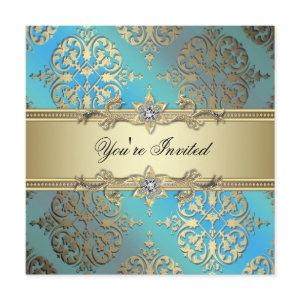 Teal Blue Black Gold Damask Party