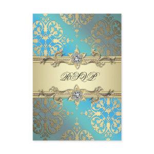 Teal Blue Black Gold Damask RSVP