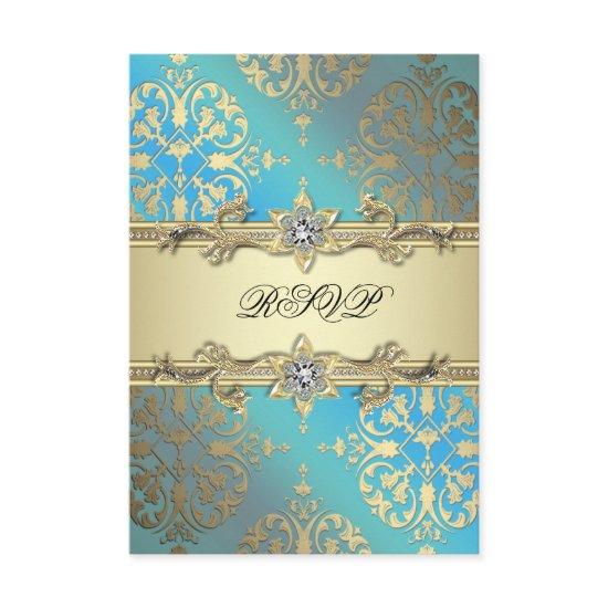 Teal Blue Black Gold Damask RSVP