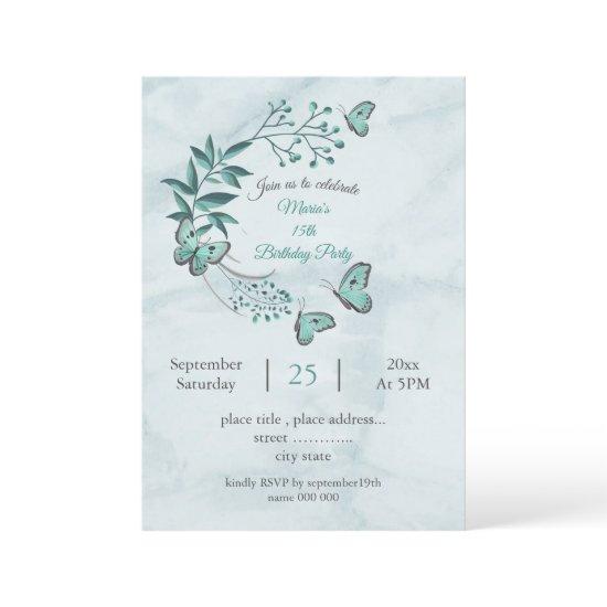 teal blue butterflies botanicals birthday party
