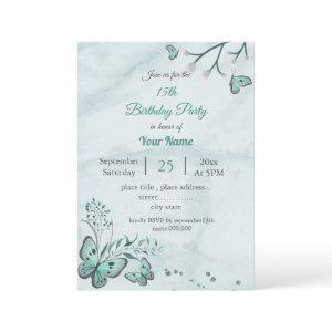 teal blue butterflies leaves floral birthday party