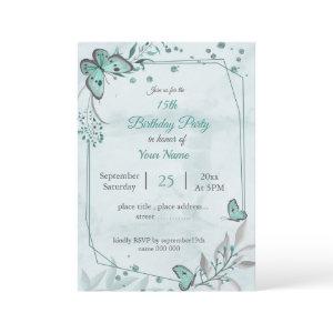teal blue butterflies leaves floral birthday party