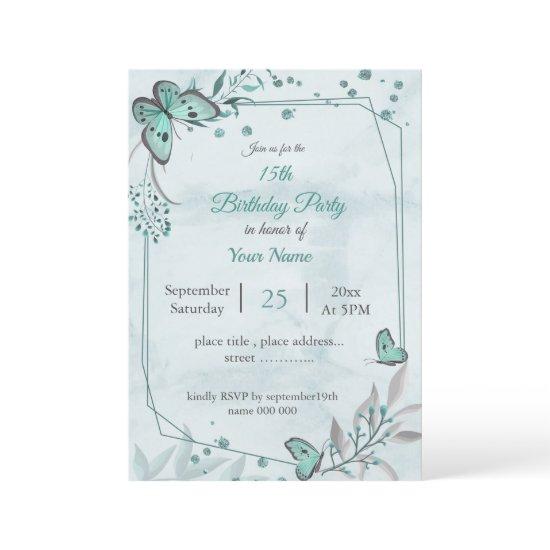 teal blue butterflies leaves floral birthday party