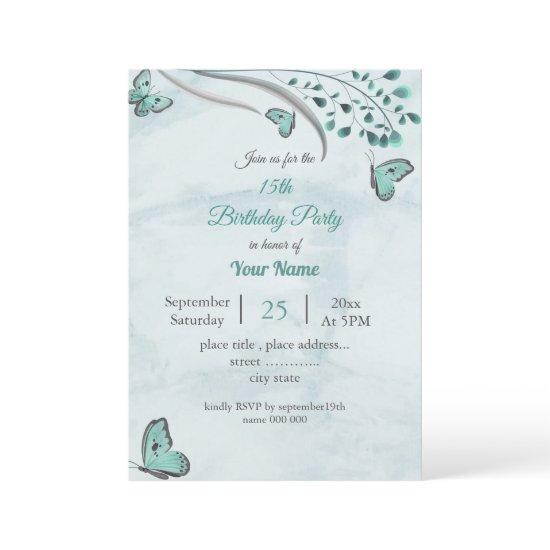 teal blue butterflies leaves floral birthday party