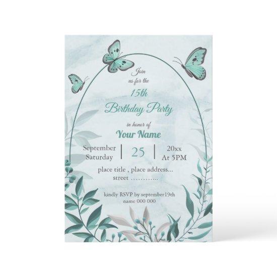 teal blue butterflies leaves floral birthday party