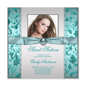 Teal Blue Damask Photo Sweet Sixteen Birthday