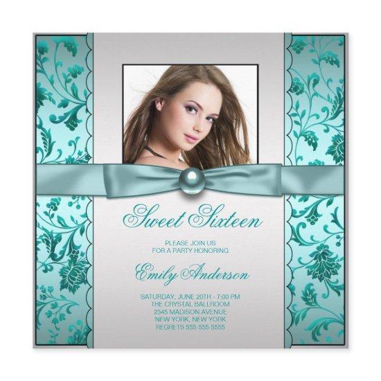 Teal Blue Damask Photo Sweet Sixteen Birthday
