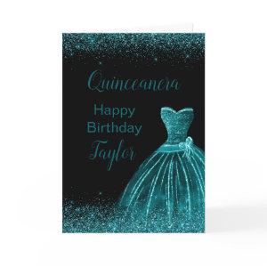 Teal Blue Dress Faux Glitter Quinceanera Card