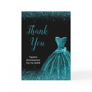 Teal Blue Dress Faux Glitter Quinceanera Thank You Card