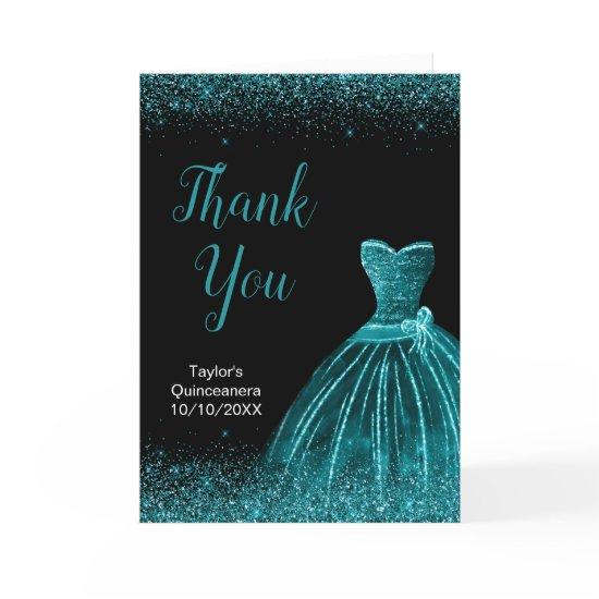 Teal Blue Dress Faux Glitter Quinceanera Thank You Card
