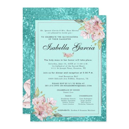 Teal Blue Floral Quinceañera Birthday