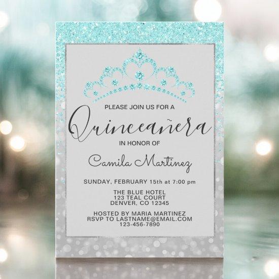 Teal Blue Girly Glitter Sparkle Quinceanera