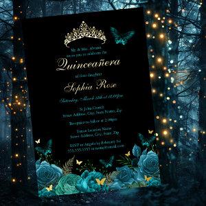 Teal Blue Gold Floral Butterfly Tiara Quinceanera Foil