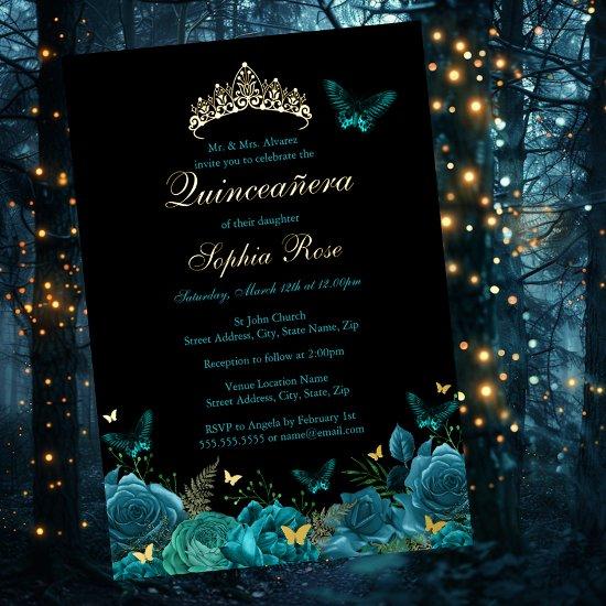 Teal Blue Gold Floral Butterfly Tiara Quinceanera Foil