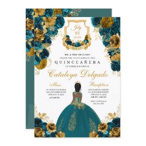 Teal Blue & Gold Floral Elegant Quinceañera