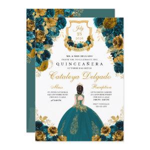 Teal Blue & Gold Floral Elegant Quinceañera