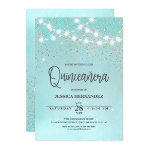 Teal Blue Gold Glitter Sparkles Lights Quinceañera