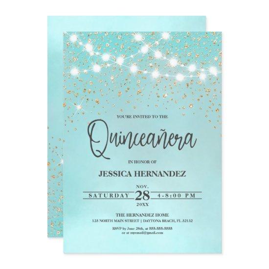 Teal Blue Gold Glitter Sparkles Lights Quinceañera