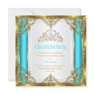Teal Blue Gold White Pearl Princess Quinceanera