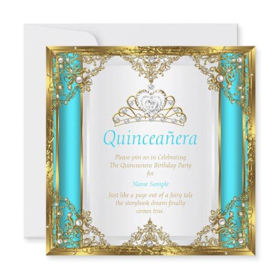 Teal Blue Gold White Pearl Princess Quinceanera