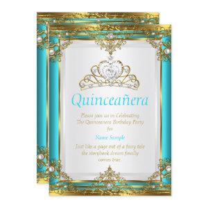 Teal Blue Gold White Pearl Princess Quinceanera