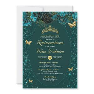 Teal Blue Green Gold Luxury Butterfly Quinceanera
