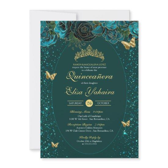 Teal Blue Green Gold Luxury Butterfly Quinceanera