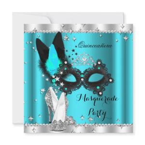 Teal Blue Masquerade Quinceanera Mask Hi Heels 3a