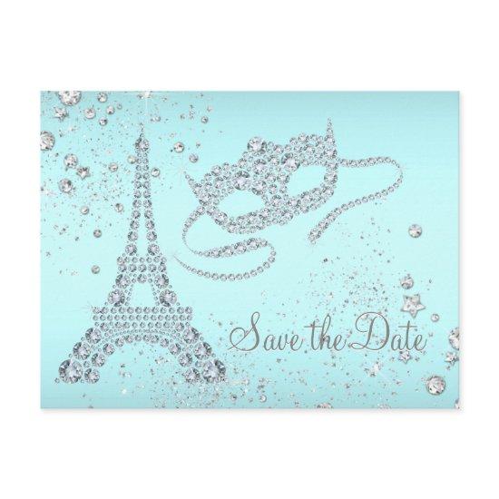 Teal Blue Paris Masquerade Party Save The Date Announcement Postcard