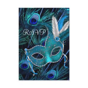 Teal Blue Peacock Mask Masquerade Party RSVP
