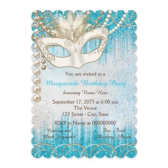 Teal Blue Pearl Watercolor Masquerade Party