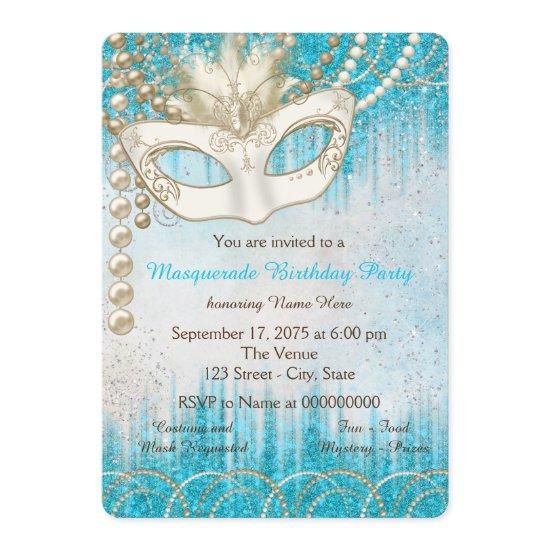 Teal Blue Pearl Watercolor Masquerade Party