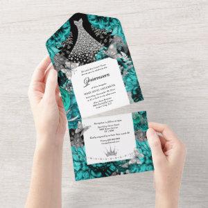 Teal blue silver butterfly sparkling gown birthday all in one