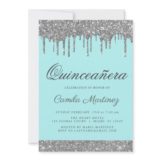 Teal Blue Silver Glitter Quinceañera Celebration