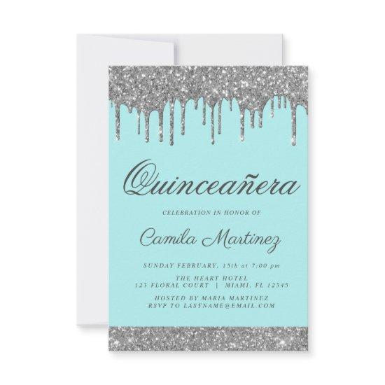 Teal Blue Silver Glitter Quinceañera Celebration