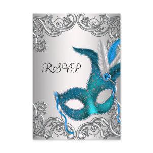Teal Blue Silver Mask Masquerade Party RSVP