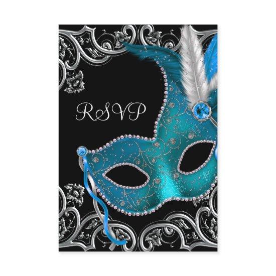 Teal Blue Silver Mask Masquerade Party RSVP