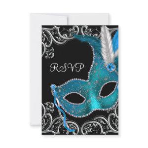 Teal Blue Silver Mask Masquerade Party RSVP