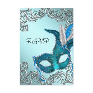 Teal Blue Silver Mask Masquerade Party RSVP