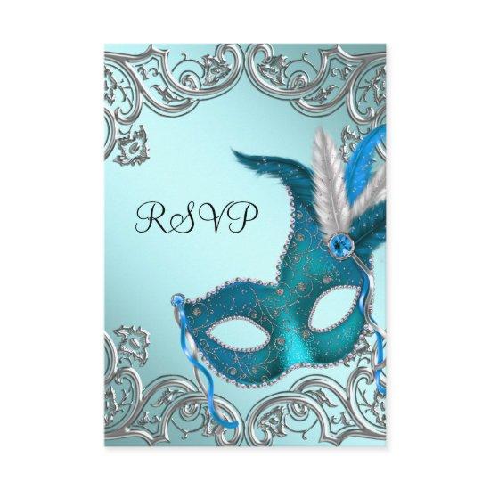 Teal Blue Silver Mask Masquerade Party RSVP
