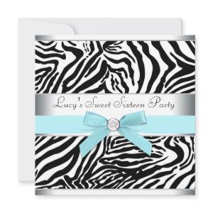 Teal Blue Zebra Sweet Sixteen Birthday Party Invit